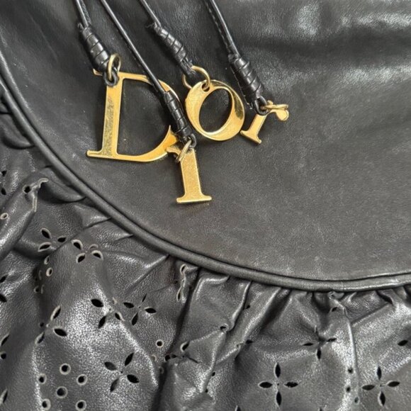 Christian Dior Vintage Gypsy Ruffled Hobo Black Leather Gold DIOR Bag Charm - Picture 2 of 15